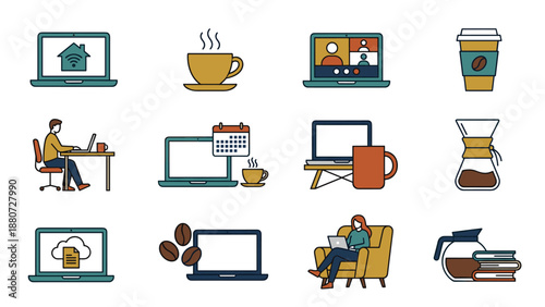 Remote work and coffee icons. Laptop computer home office. Freelancer lifestyle symbols. Video conference. Digital nomad. Caffeine break. Business technology. Modern geometric set.