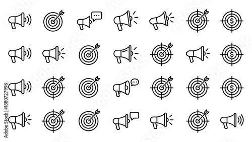 Marketing strategy vector icons set. Megaphone and target line art symbols. Business goal concept. Bullhorn and arrow in bullseye. Commercial promotion. Advertising. Sales success.