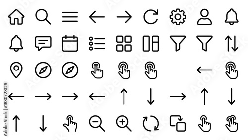 Mobile app navigation and gestures icon set. User interface symbols. UI UX design elements. Rounded linear outline. Smartphone. Touch finger hand. Arrow menu home search settings.