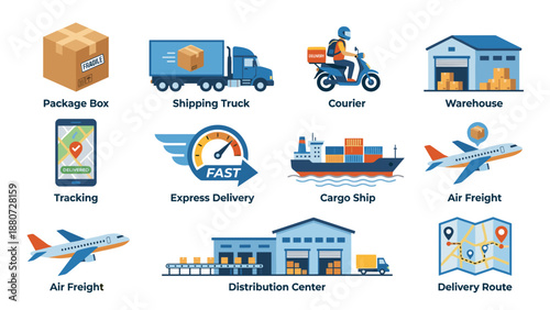 Logistics and delivery icons set. Shipping truck, courier service, warehouse storage, tracking mobile app, express timer, cargo ship, air freight plane, distribution center route map