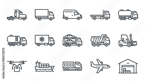 Logistics and delivery line icons set. Vector truck, shipping, transportation, cargo symbols. Freight distribution vehicle. Supply chain, warehouse, forklift, airplane, drone, ship.