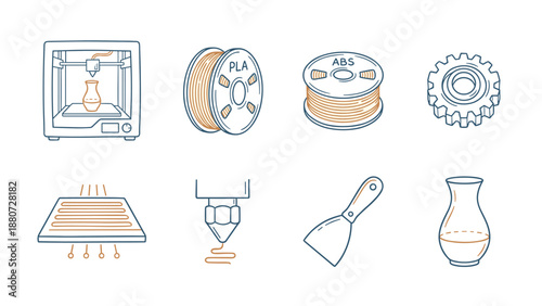 3D printing icons. Additive manufacturing vector set. Industrial technology. Extruder nozzle. PLA filament spool. ABS plastic. Heated bed. Digital fabrication. Linear outline symbols.