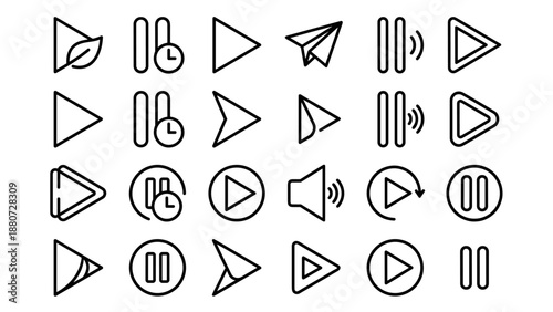 Multimedia play and pause icons set. Vector line art buttons. Audio video player control interface. Minimalist UI UX symbols. Sound volume replay send sign. Digital media graphic elements.