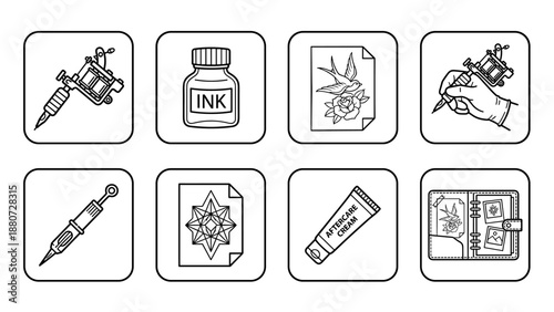 Tattoo studio icons set. Line art vector collection. Machine gun, ink bottle, needle, artist hand, flash design, aftercare cream. Salon parlor. Portfolio book. Professional tools.