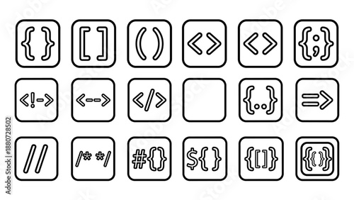 Coding syntax symbols icon set. Web development programming brackets collection. Curly braces square brackets parentheses html tags. Software engineering script signs. Outline vector line art.