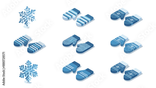 Isometric winter icons set. Blue knitted mittens. 3D snowflakes collection. Seasonal warm clothing. Frost crystals. Cold weather accessories. Modern geometric vector graphic.