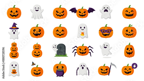 Halloween vector icons set. 16 Cute pumpkin and ghost characters. Flat design. Jack-o-lantern faces. Spooky expressions. Autumn holiday symbol. Cartoon art. Trick or treat.