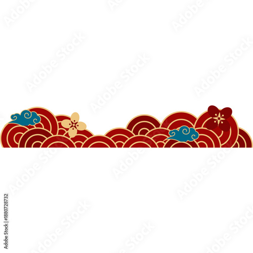 Chinese frame with oriental decorative. Clouds, pattern, flower, folding fan lunar new year vector isolated.