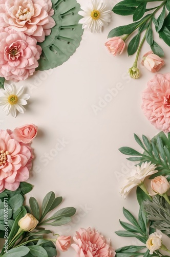 Floral Arrangement With Various Flowers and Green Leaves on a Light Background