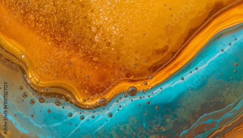 Colorful Abstract Design With Flowing Patterns and Bubbles in Blue and Orange...