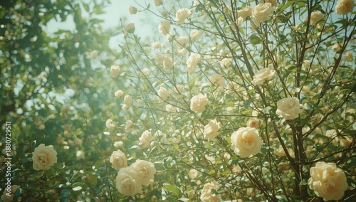 White Flowers Bloom in Springtime Under Bright Sunlight in a Garden Setting