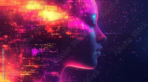 Digital Mind Data streams flow through a woman's profile, cosmic background.  Use AI, technology, future