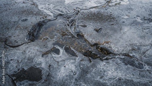 Frozen Surface Reveals Cracks and Swirling Water in Icy Landscape During Wint...