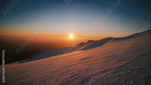 Sunrise Over Snowy Mountains With a Lone Skier Gliding Through Fresh Snow