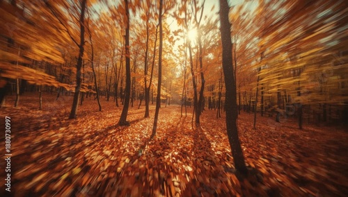 Vibrant Autumn Forest With Orange Leaves in Motion During Daylight Hours in a...