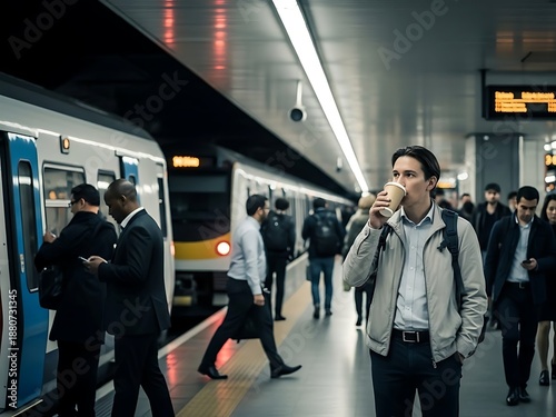 A candid and atmospheric photograph capturing a moment in a modern subway station. A man sips coffee as commuters board a train during the daily commute in a contemporary style