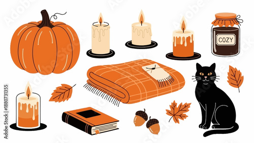 Cozy Autumn Scene with Pumpkin, Candles, Blanket, Book, Acorns, Leaves, and Black Cat