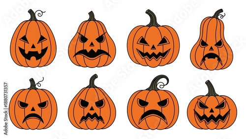 Set of 8 Cartoon Halloween Pumpkins with Spooky Faces and Autumn Stem Illustrations