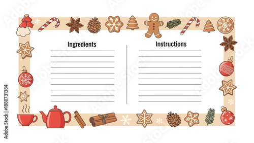 Christmas Recipe Card Template with Festive Decorations and Ingredients List