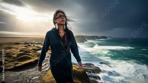 Woman walks along the cliffs by the ocean during dusk with waves crashing against rocks and clouds in the sky
