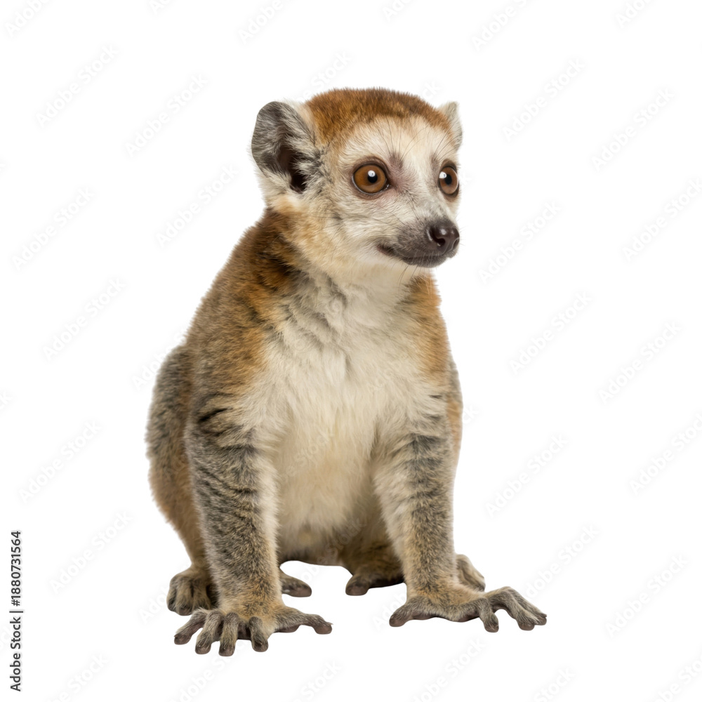 Fototapeta premium Cute Brown Mongoose Lemur Sitting Isolated on White Background
