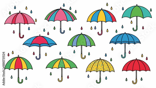 Collection of Colorful Umbrellas and Raindrops in a Playful Pattern
