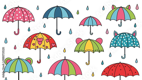 Colorful Umbrellas and Raindrops Illustration - Cute Cartoon Style for Kids