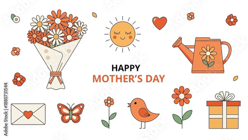 Happy Mother's Day Card Design with Flowers, Sun, Bird, Gift, and Envelope
