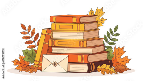 Stack of Books with Autumn Leaves and Envelope, Cozy Reading and Fall Season Concept
