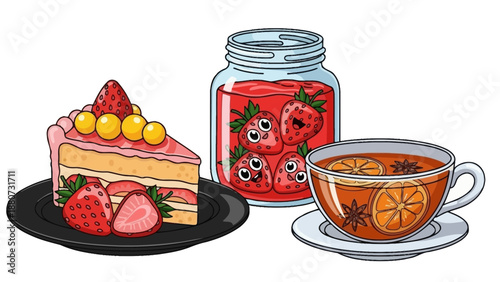 Cute Strawberry Cake Slice, Jar of Jam, and Orange Tea Cup with Oranges