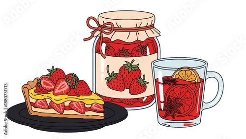 Delicious Strawberry Tart, Jar of Jam, and Spiced Mulled Wine in a Glass