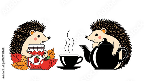 Cute Hedgehogs Enjoying Autumn Tea Time with Strawberry Jam and