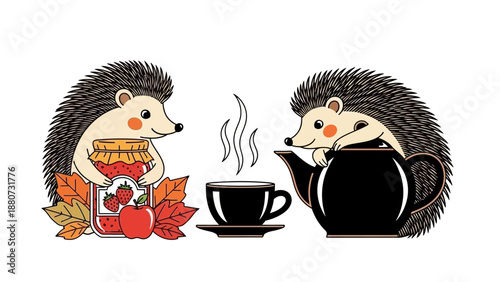 Cute Hedgehogs Enjoying Tea and Strawberry Jam with Autumn Leaves