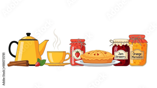Cozy Breakfast Scene: Teapot, Cup of Tea, Jams, Pie, and Cinnamon Sticks