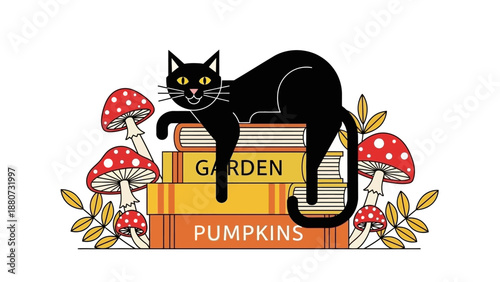 Black Cat Resting on Stack of Books with Autumn Mushrooms and Leaves