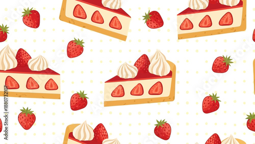Seamless Pattern of Delicious Strawberry Cheesecake Slices and Fresh Berries