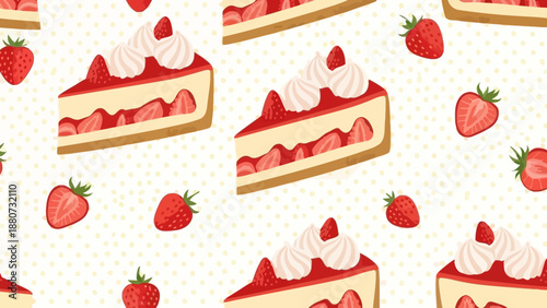 Delicious Strawberry Cheesecake Slices and Fresh Berries Pattern on White Background