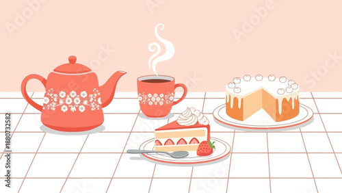 Cozy Tea Time with Delicious Cake and Strawberry Desserts on a Checked Tablecloth