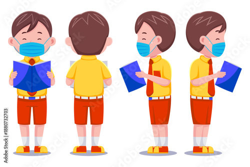 Cartoon-style schoolboy with mask shown from front, side, and back views.