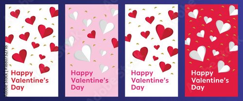 Four romantic Valentine's Day vertical story templates with falling red and white paper hearts and golden confetti, ideal for social media greetings.