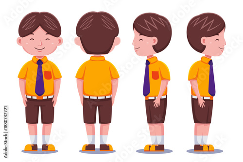 
Cartoon-style schoolboy shown from front, side, and back views in school uniform.