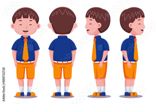 
Cartoon-style schoolboy shown from front, side, and back views in school uniform.