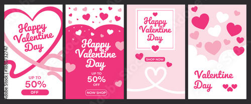Set of Four Vertical Happy Valentine's Day Sale Story Templates featuring Pink Hearts, Ribbons, and Discount Offers for Social Media Marketing.