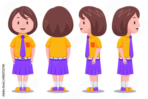 Cartoon-style schoolgirl shown from front, side, and back views in turquoise and purple uniform.