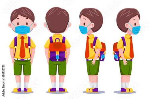 Cartoon-style schoolboy with mask and backpack shown from front, side, and back views.