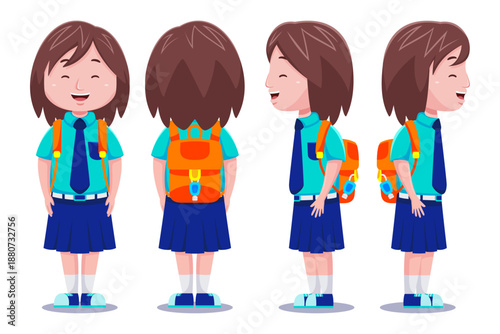 Cartoon-style schoolgirl shown from front, side, and back views in school uniform.