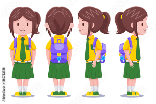 Cartoon-style schoolgirl shown from front, side, and back views in school uniform.
