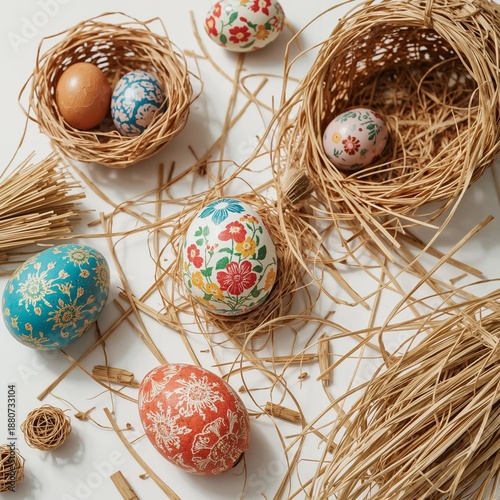 Colorful Eggs in Baskets on a White Surface During Easter Preparation