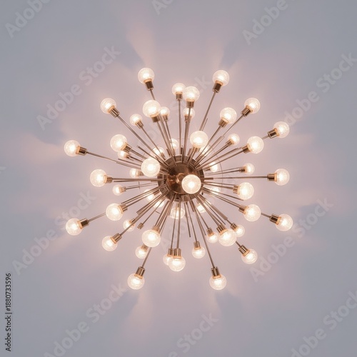 Unique Light Fixture With Many Bulbs Shining Brightly From the Ceiling in a M...
