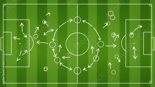 Top-down view of a vibrant green soccer field with a tactical strategy diagram of plays and formations, illustrating game planning.